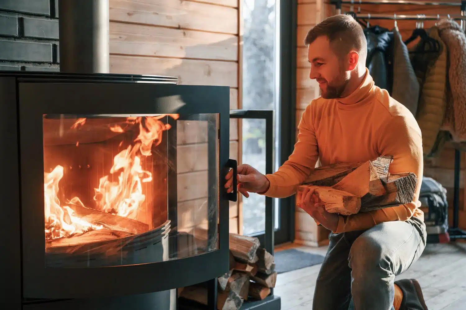 Un homme recharge en bois un poêle à bois